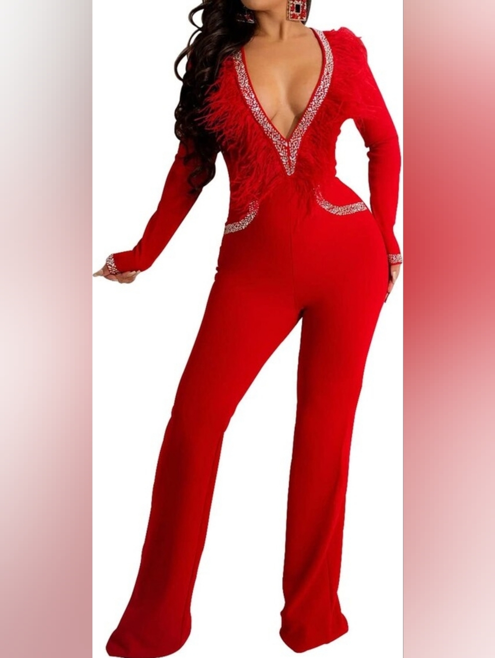 Red Feather-Trim Deep V Jumpsuit